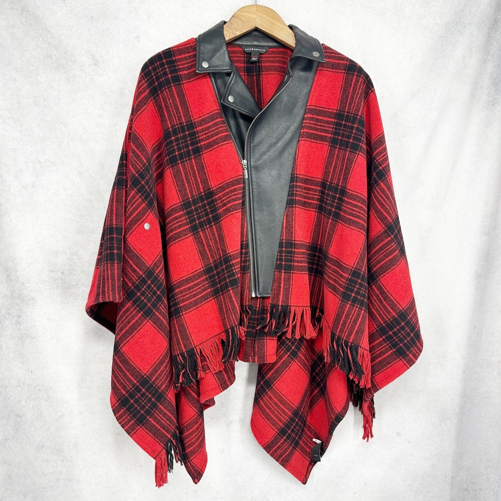 Rock & Republic Red Black Plaid Moto Poncho Faux‎ Leather Trim Fringed Size M/L
